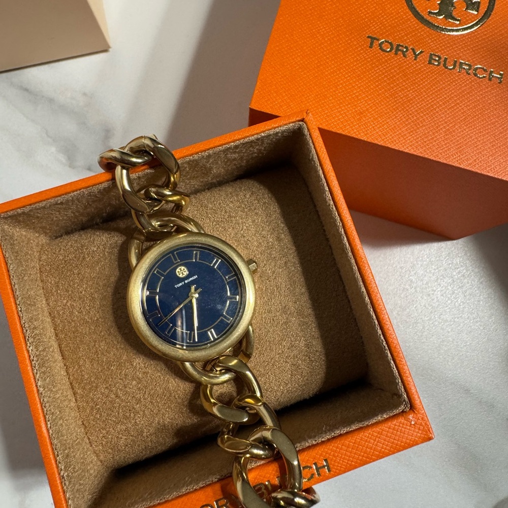 Tory Burch Gold and Blue Chain Watch
